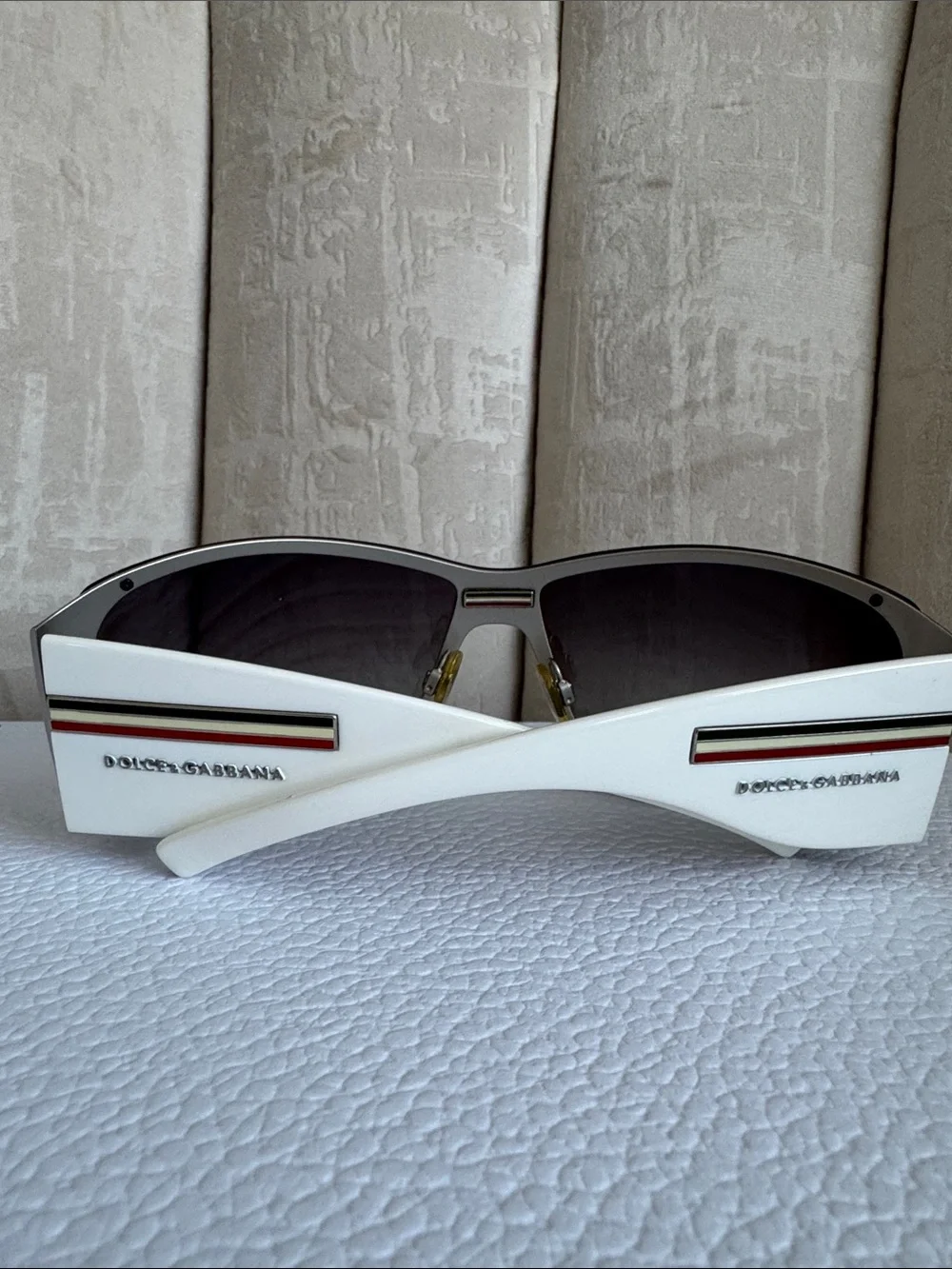 Dolce & Gabbana White Shield Sunglasses with Black Lenses and Tricolor Stripe